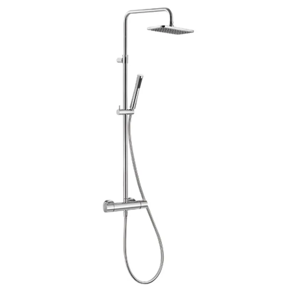 Kludi Duschsystem mit Thermostat, bestehend aus einer großen Kopfbrause und einer Handbrause, montiert an einer Wand, mit verchromter Oberfläche.